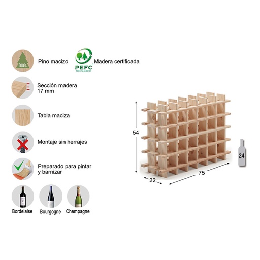 [000005578] BOTELLERO EVOLUTIVO RIOJA PARA 24 BOTELLAS PINO MACIZO 75x22x54cm ASTIGARRAGA