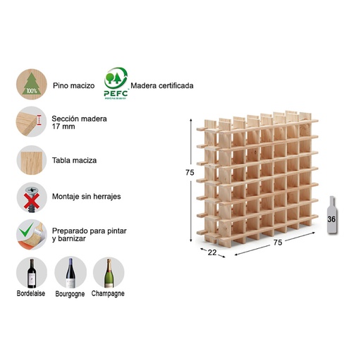 [000005632] BOTELLERO EVOLUTIVO RIOJA PARA 36 BOTELLAS PINO MACIZO 75x22x75cm ASTIGARRAGA