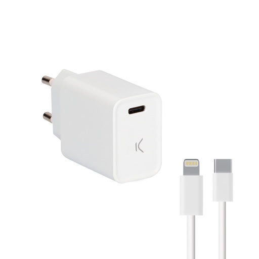 [000005826] Cargador de red Ksix, 20W, Carga ultrarrápida, Power Delivery, cable Made for iPhone Lightning a USB-C, Blanco