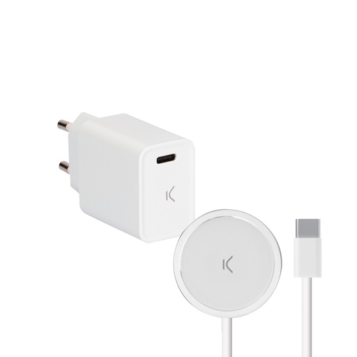 [000005828] Cargador inalámbrico MagCharge Ksix para iPhone 12 y post, compatible MagSafe, Power Delivery, 1m, Cargador red 20W, Blanco