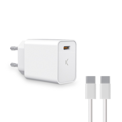 [000005829] Cargador de red Ksix, 20W, Carga ultrarrápida, Power Delivery, USB-C + Cable USB-C a USB-C, Blanco