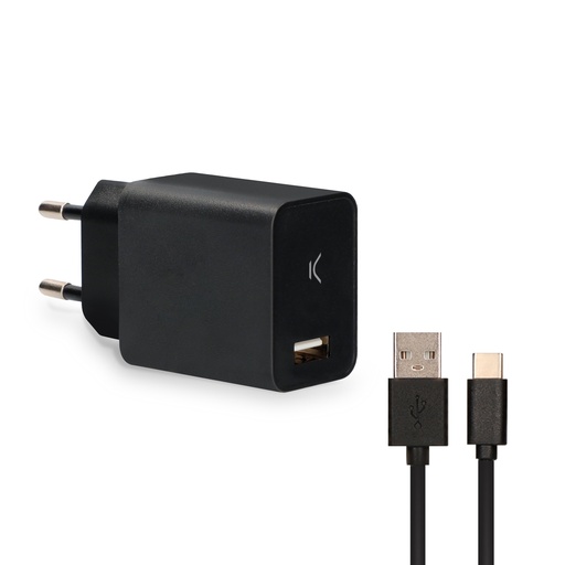 [000005865] Cargador de red Ksix, 12W + cable 1 m USB A - USB C, Negro