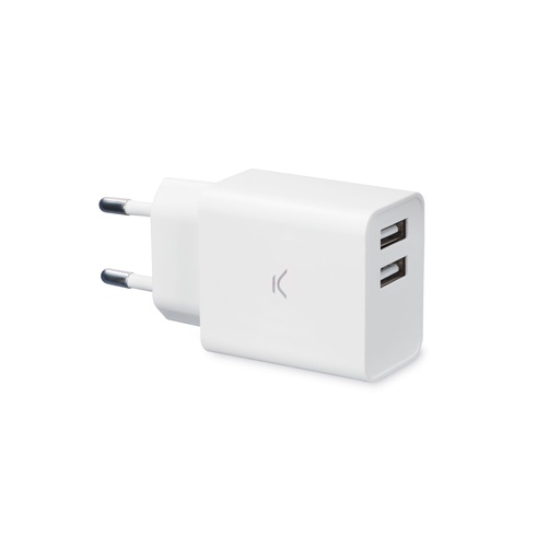 [000005874] Cargador de red Ksix, 12W, 2 puertos USB A, Carga rápida, Blanco