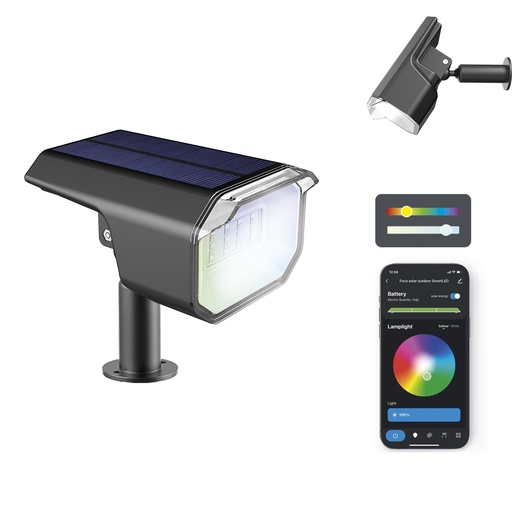 [000005912] Foco solar outdoor SmartLED Ksix, WiFi + APP incluida, Panel solar, 100 lúmenes, RGB + CCT, IP65, Estaca incluida