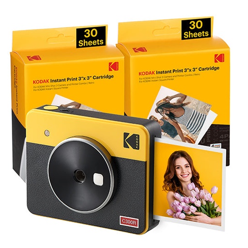 [000005997] KODAK MINI SHOT 3 RETRO C300RY60 PORTABLE INSTANT CAMERA AND PHOTO PRINTER BUNDLE 3X3 YELLOW