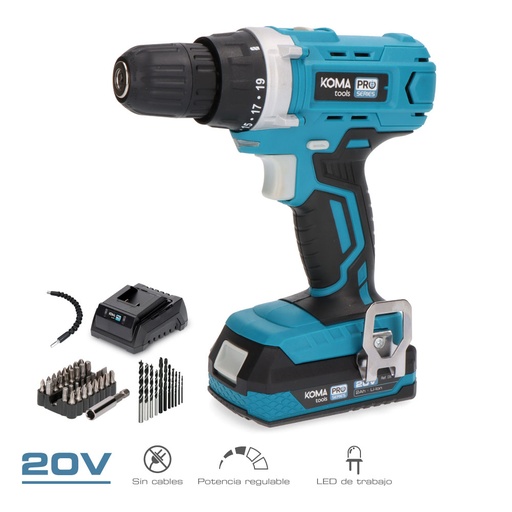 [000006257] KIT TALADRO ATORNILLADOR CON 40 ACCESORIOS 20V CON BATERÍA Y CARGADOR KOMA TOOLS