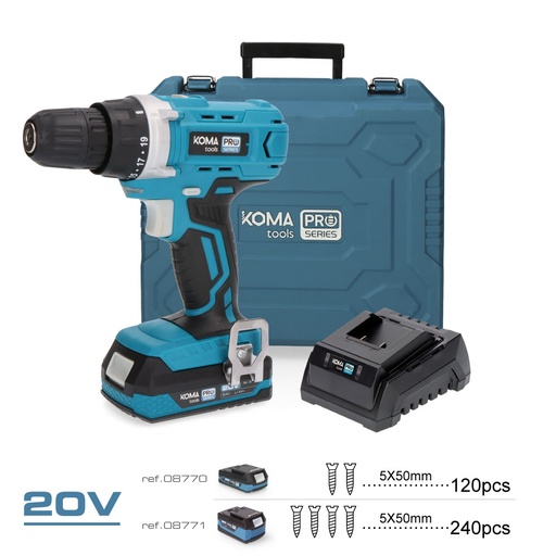 [000006259] KIT TALADRO ATORNILLADOR CON 71 ACCESORIOS 20V CON BATERÍA Y CARGADOR KOMA TOOLS