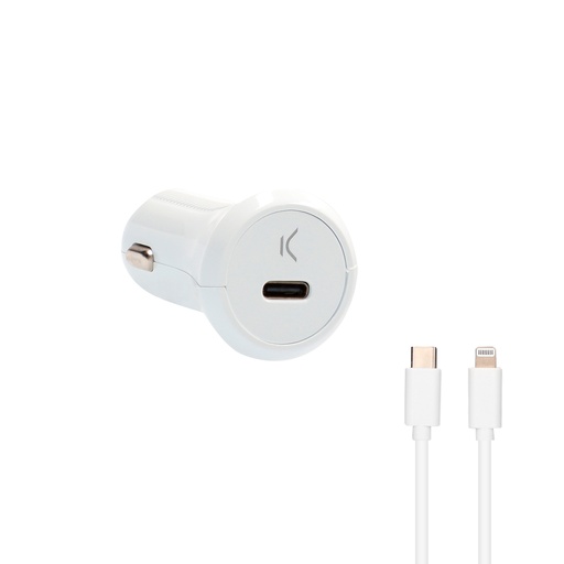 [000006390] Cargador de coche Ksix, 18W, Carga rápida, Power Delivery + cable Made for iPhone USB-C a Lightning, Blanco
