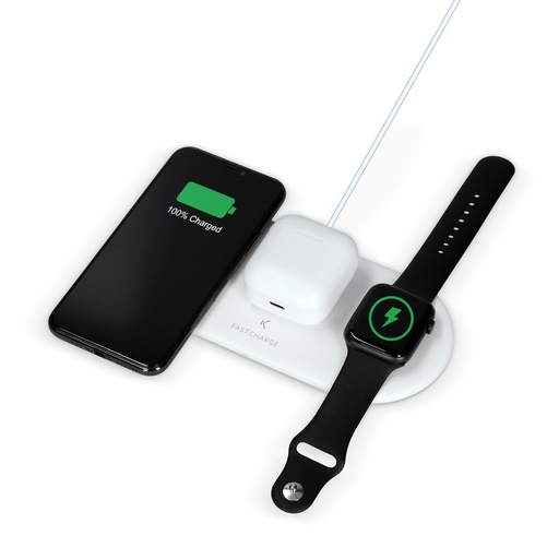 [000007185] Cargador inalámbrico 3en1 Ksix, 15W, Tec. Qi, Compat. smartphone, Apple Airpods y Apple Watch + cargador Fast charge