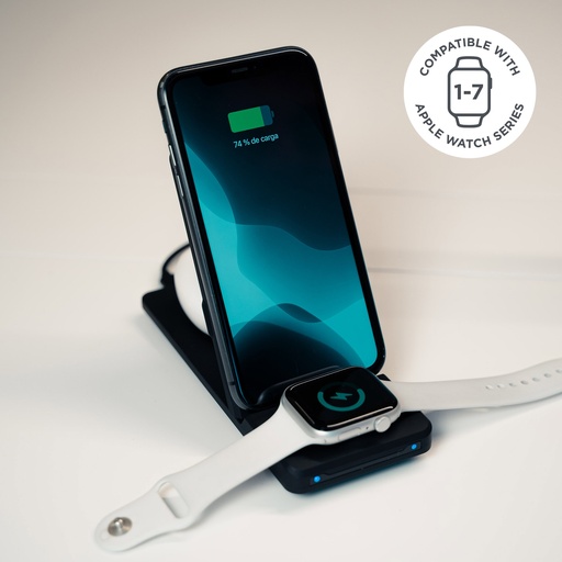 [000007186] Cargador inalámbrico 3en1 Ksix, 15W, Tec. Qi, Fast charge, 3 simult.: smartphone, earbuds y Apple Watch (Series 1-7), Negro