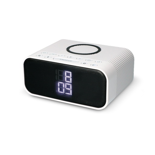 [000007190] Despertador cargador inalámbrico Ksix, 10W, Tec. Qi, Altavoz Bluetooth, Radio FM, 2 Alarmas, 3 intensidades luz, Blanco