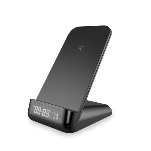 [000007191] Despertador cargador inalámbrico sobremesa Ksix, 15W, Tecnología Qi, Modos visualización, Temperatura ambiente, Negro
