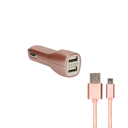 [000007199] Cargador de coche Contact, 10W, 2 salidas, USB + cable USB A - Micro USB, Rosa metalizado