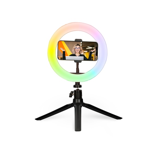 [000007371] Aro de luz Ksix, 15 colores y efectos, Trípode sobremesa regulable, 3 Temperaturas, 10 intensidades luz