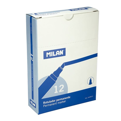 [000013773] CAJA CON 12 ROTULADORES PERMANENTES. PUNTA BISELADA AZUL MILAN