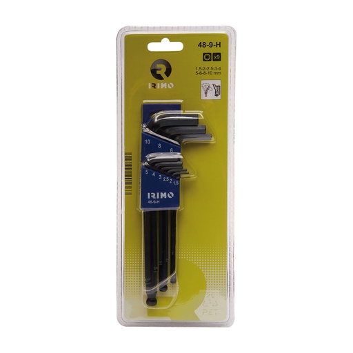 [000014630] JUEGO PETACA 9 LLAVES HEXAGONALES PAVONADAS LARGAS CON BOLA 1,5-10mm 48-9-H IRIMO