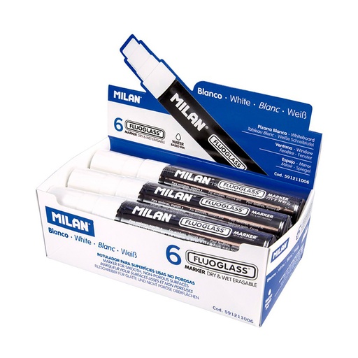 [000015044] CAJA CON 6 ROTULADORES BLANCOS FLUOGLASS PUNTA PLANA 15mm MILAN