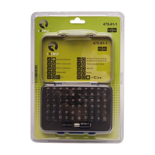 [000015242] JUEGO PUNTAS 1/4" CON PORTAPUNTAS MAGNÉTICO, 61 PIEZAS 475-61-1 IRIMO