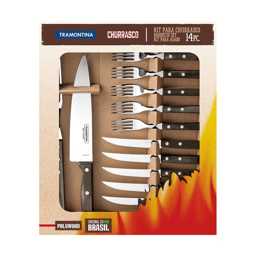 [000016390] JUEGO PARA ASADO 14 PIEZAS FSC POLYWOOD CASTAÑO TRAMONTINA
