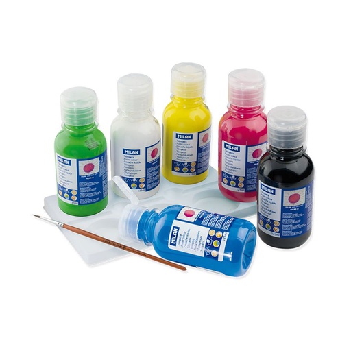 [000016650] CAJA CON 6 BOTELLAS DE 125ml DE TÉMPERA COLORES SURTIDOS MILAN