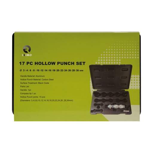 [000017298] JUEGO 15 SACABOCADOS 3-30mm CON MANGO SACABOCADOS, 16 PIEZAS 332-52-4 IRIMO