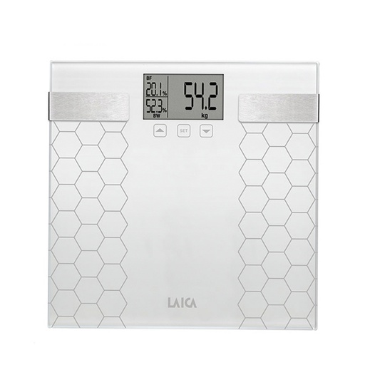 [000017375] BASCULA DE BAÑO DIGITAL CON CALCULO DE LA COMPOSICIÓN CORPORAL COLOR BLANCO 180kg PS5014 LAICA