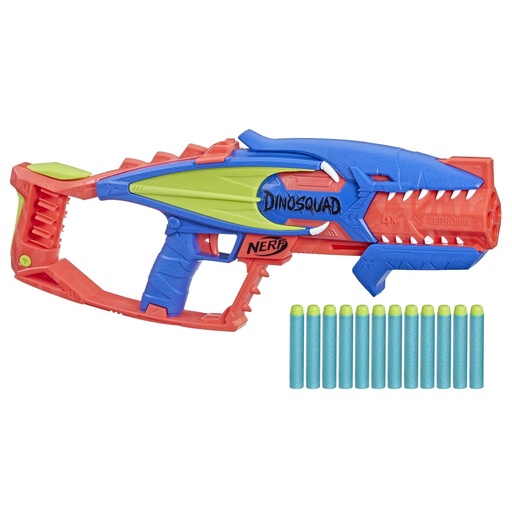[000020101] Pistola nerf dinosquad terrodak con cañon para 4 dardos, incluye 12 dardos de espuma. 6.7x25.4x50.8cm