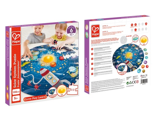 [000020323] Puzle del Sistema Solar 102 piezas contiene un poster un brillante sol led y planetas de madera 57,5x57,5x0,3cm