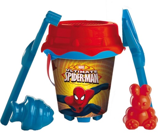 [000020957] Cubo Playa Castillo 18 Cm Spiderman Con Cedazo, Pala, Rastrillo Y Moldes