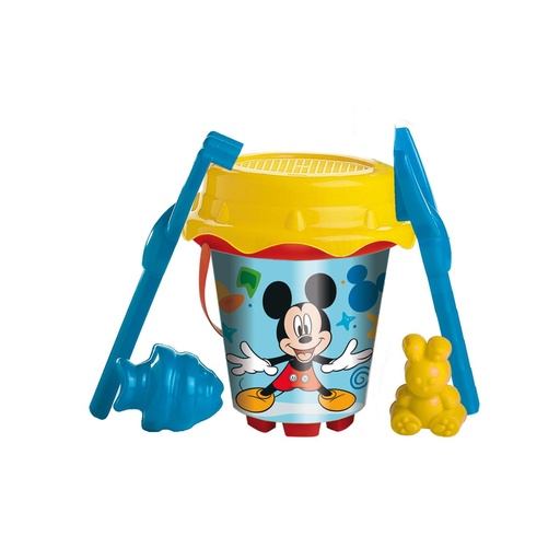 [000020961] Cubo Playa Castillo 18 Cm Mickey Con Cedazo, Pala Rastrillo Y Moldes