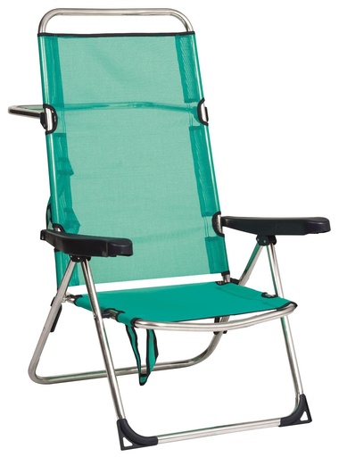 [000021001] Silla cama playa alum. multiposición con asa, respaldo alto y patra trasera plegable color verde 65x60x100 cm