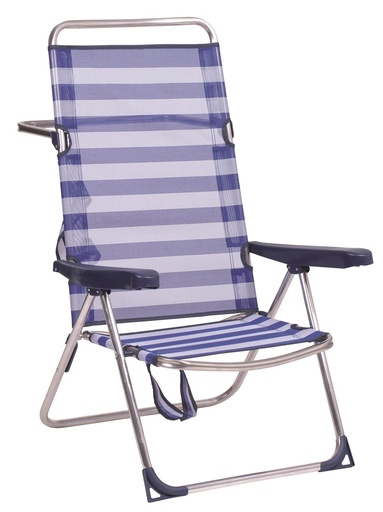 [000021004] Silla cama playa alum. multiposición con asa, respaldo alto y patra trasera plegable color a rayas 65x60x100 cm