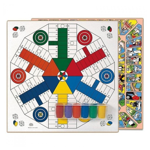 [000024035] Tablero Parchis 6 jugadores y Oca de madera 40x40 cm con accesorios
