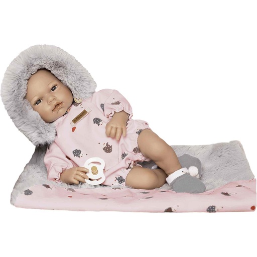 [000028057] Muñeca Bebé Triana Con Pelele Rosa Erizos, Gorrito Y Manta De Pelo Con Zapatos Rosas.38 Cm