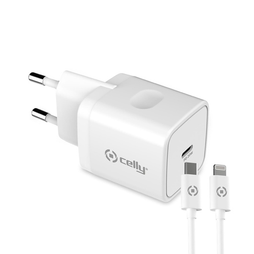 [000000380] CELLY 20W USBC MAINS CHARGER AND USBC-LIGHTNING CABLE WHITE TC1C20WLIGHTWH
