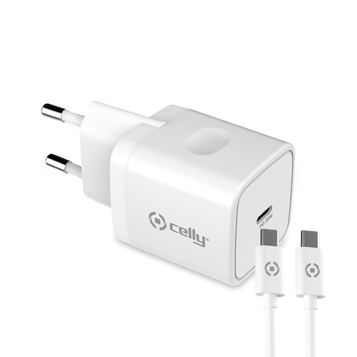 [000000381] CELLY 20W USBC MAINS CHARGER AND USBC-USBC CABLE WHITE TC1C20WTYPECWH