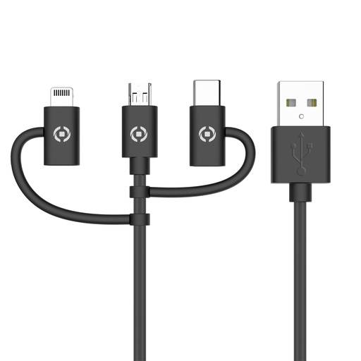 [000000431] CELLY USB TO MICRO USB TYPE C AND LIGHTNING CABLE 1M USB3IN1BK