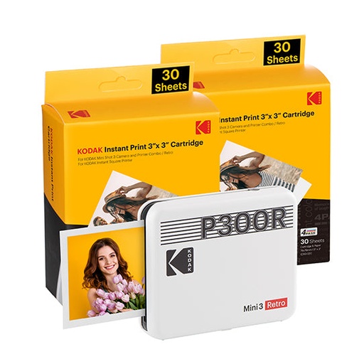 [000000969] KODAK MINI 3 RETRO P300RW60 INSTANT PHOTO PRINTER BUNDLE 3X3 WHITE
