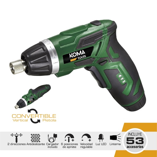 [000002061] ATORNILLADOR A BATERIA REVERSIBLE 3,6V LITIO 1300mA CON 53 ACCESORIOS 17,5x14,8cm KOMA TOOLS