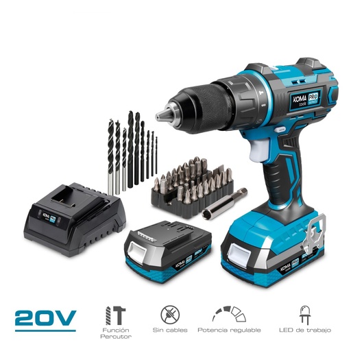 [000002082] KIT TALADRO PERCUTOR/ATORNILLADOR 20V CON 2 BATERIAS 2.0A Y CARGADOR 22,5x20,3cm PRO SERIES BATTERY KOMA TOOLS