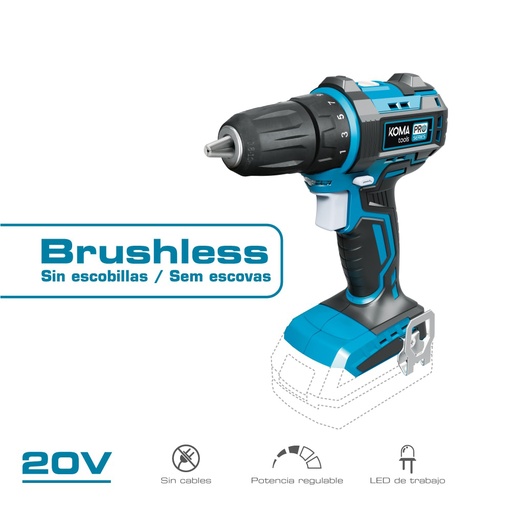 [000002083] TALADRO ATORNILLADOR 20V BRUSHLESS (SIN BATERÍA NI CARGADOR) PORTABROCAS Ø10mm 18,5x19,6cm PRO SERIES BATTERY KOMA TOOLS