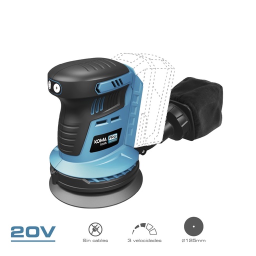 [000002112] LIJADORA EXCENTRICA 20V BRUSHLESS (SIN BATERÍA NI CARGADOR) 13x30x15cm KOMA TOOLS PRO SERIES BATTERY