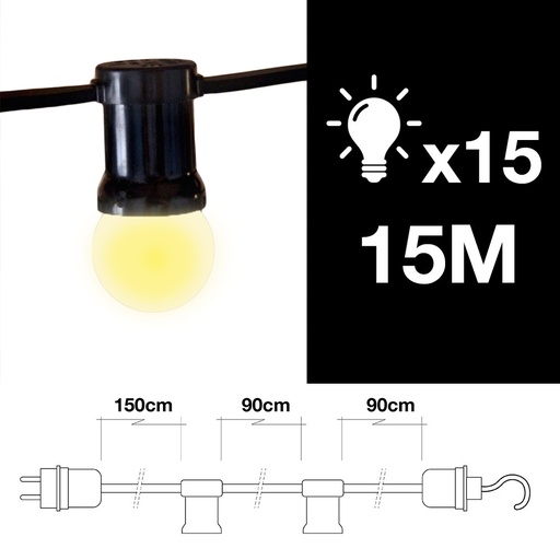 [000002293] GUIRNALDA EXTERIOR 15m 15 PORTALAMPARAS E27 CON GANCHO FINAL IP44 COLOR NEGRO