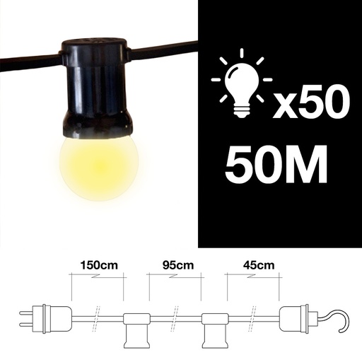 [000002296] GUIRNALDA EXTERIOR 50m 50 PORTALAMPARAS E27 CON GANCHO FINAL IP44 COLOR NEGRO