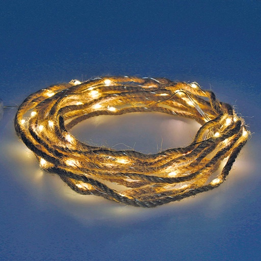 [000002351] GUIRNALDA A PILAS FIJA 30 MICROLEDS CUERDA DE YUTE LUZ BLANCO CALIDO 5,03m