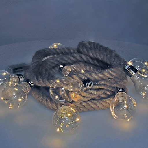 [000002353] GUIRNALDA A PILAS FIJA 10 BOMBILLAS CON 3 LEDS CADA BOMBILLA. CUERDA DE YUTE LUZ BLANCO CALIDO 3,15m